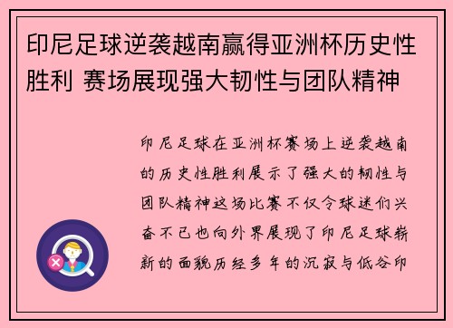 印尼足球逆袭越南赢得亚洲杯历史性胜利 赛场展现强大韧性与团队精神